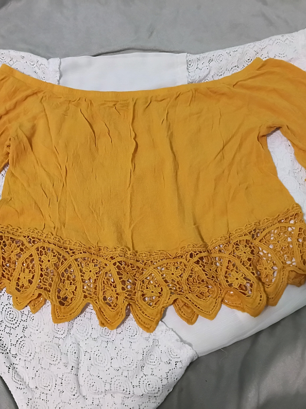 Crazy Train Mustard Yellow Off-Shoulder Crochet Hem Top